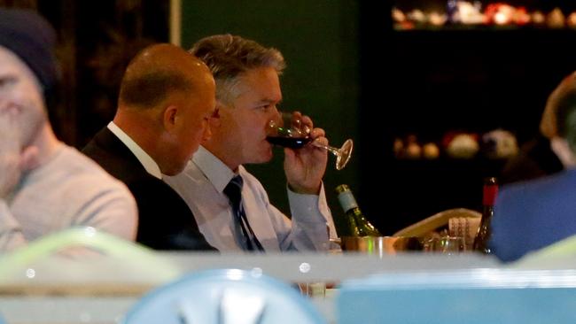 Peter Dutton and Mathias Cormann have dinner at Portia's Place restaurant in Kingston on Thursday night. Picture: Jonathan Ng