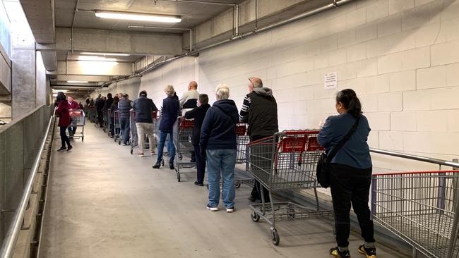 The queue inside lower level Ringwood Costco car park just before 9am for designated seniors shopping.