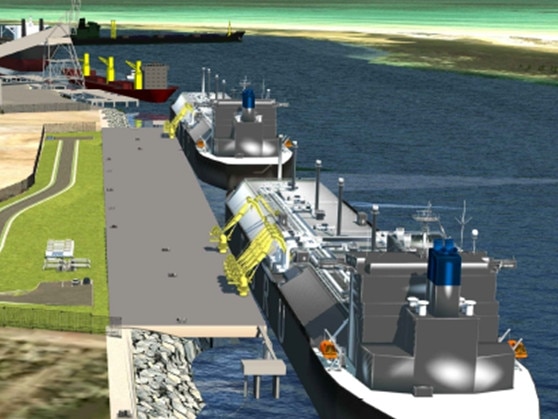 An artist's impression of the proposed liquefied natural gas import terminal to be built at Outer Harbor. A floating storage and regasification unit would be semi-permanently moored, while LNG carriers would deliver the fuel.