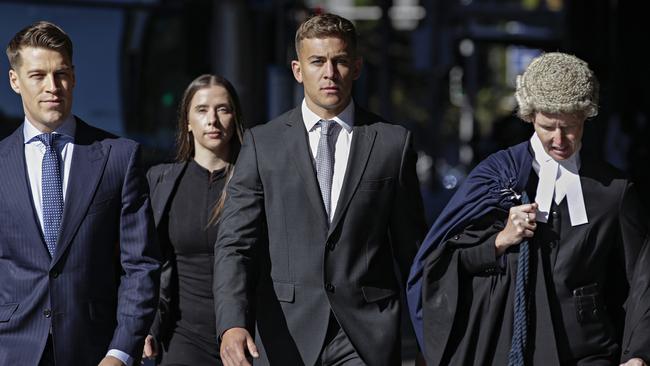 Callan Sinclair (third from the left) flanked by his legal team walking into Sydney Downing Centre on Monday. Picture: NCA News Wire / Adam Yip.