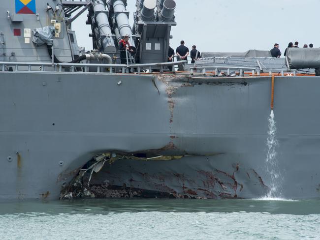 Damage to the portside of the Guided-missile destroyer USS John S. McCain. Picture: US Navy/Getty