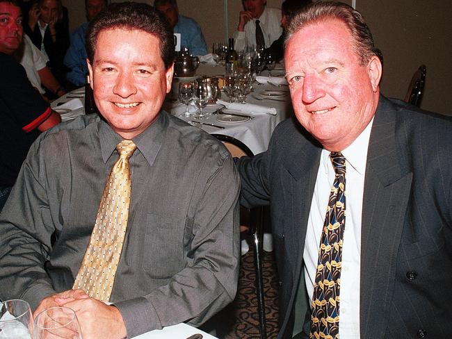 Ross Ryan (left) and Ian Rolfe at opening of the 2001 rugby season at the Pacific Park Royal Hotel in Manly in March 2001. Picture: Joe Murphy