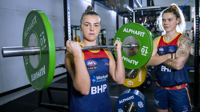 Crows stars Ebony Marinoff and Anne Hatchard back in the West Lakes gym ahead of pre-season starting on June 13. Picture: Mark Brake