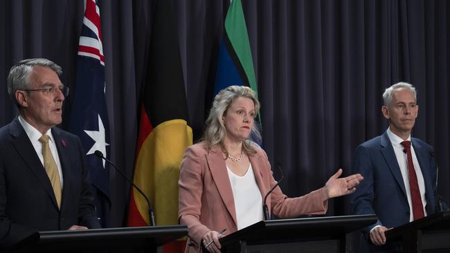 The Home Affairs Minister Clare O’Neill, centre, the Attorney-General Mark Dreyfus, left, and the Immigration Minister Andrew Giles, right all present to the Australian people with dog ate my homework excuses amid the detainees scandal. Picture: NCA NewsWire / Martin Ollman