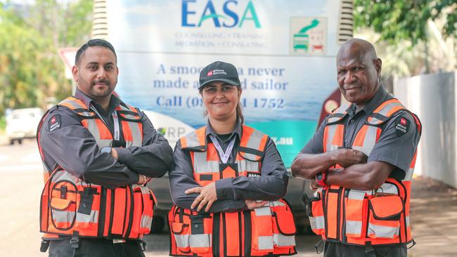 (L-R) Joga Singh, Kavita Mann and Andrew Ned are three of 14 security officers employed on a three-month trial to boost safety on Top End buses. Picture: Glenn Campbell