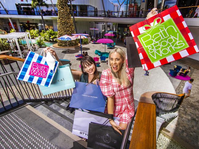 Lauren Madsen (left) and Bernadette Chapman (right) gear up for the Boxing Day Sales at Pacific Fair on the Gold Coast. Picture: NIGEL HALLETT