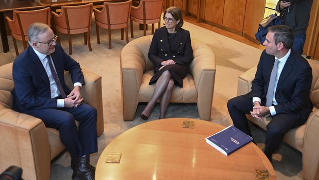 Anthony Albanese and Treasurer Jim Chalmers meet with Michele Bullock in Canberra. Picture: Martin Ollman/NCA NewsWire