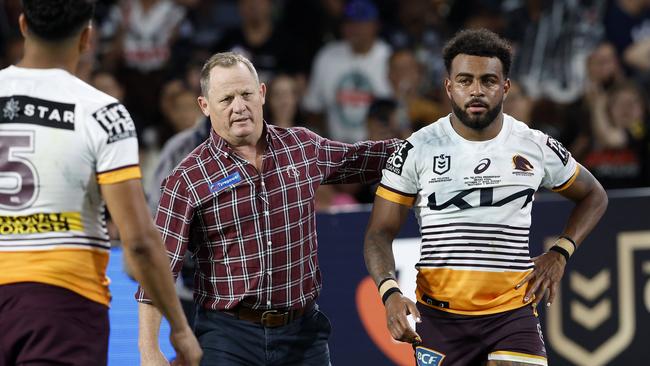 Kevin Walters consoles Ezra Mam who is inconsolable after losing the 2023 NRL Grand Final between the Brisbane Broncos and the Penrith Panthers at Accor Stadium, Sydney Olympic Park. Pics Adam Head