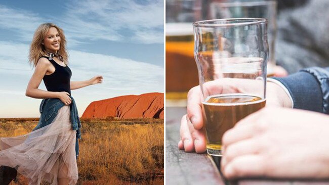 Australian tourism’s newest ad featuring Kylie Minogue, left, and a swiftly-disappearing beer, right. Pictures: Supplied