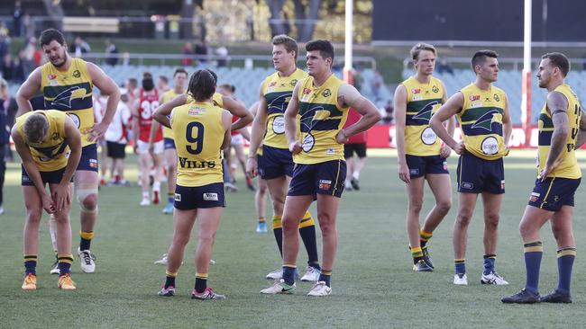 The agony of preliminary final defeat for the Eagles. Picture: Sarah Reed