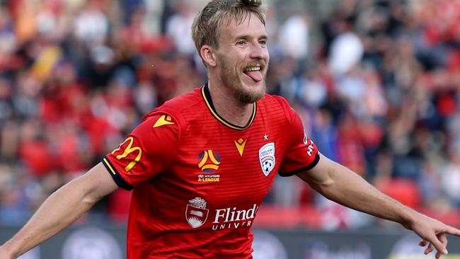 Ben Halloran of United celebrates a goal during the Round 17 A-League match between Adelaide United and Melbourne City FC at Coopers Stadium in Adelaide, Saturday, February 1, 2020. (AAP Image/Kelly Barnes) NO ARCHIVING, EDITORIAL USE ONLY