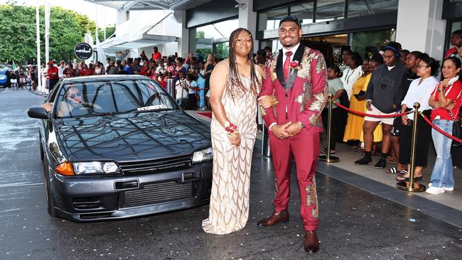 Cassandra Mari and school captain Limferd Lui arrive at the Mount St Bernard College senior formal evening, held at the Pullman Reef Hotel Casino. Picture: Brendan Radke