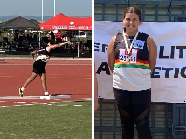 R: Michayla Epsie competing in shot put,