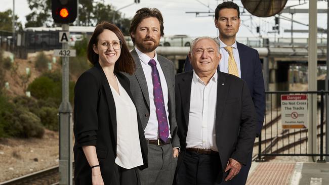 Talgo’s Elena Garcia, with engineers Edwin Michell, former SA transport department bureaucrat Luigi Rossi, and Talgo’s head of business development Jesus Rodriguez at the Adelaide Showground stop in Wayville. Picture: Matt Loxton