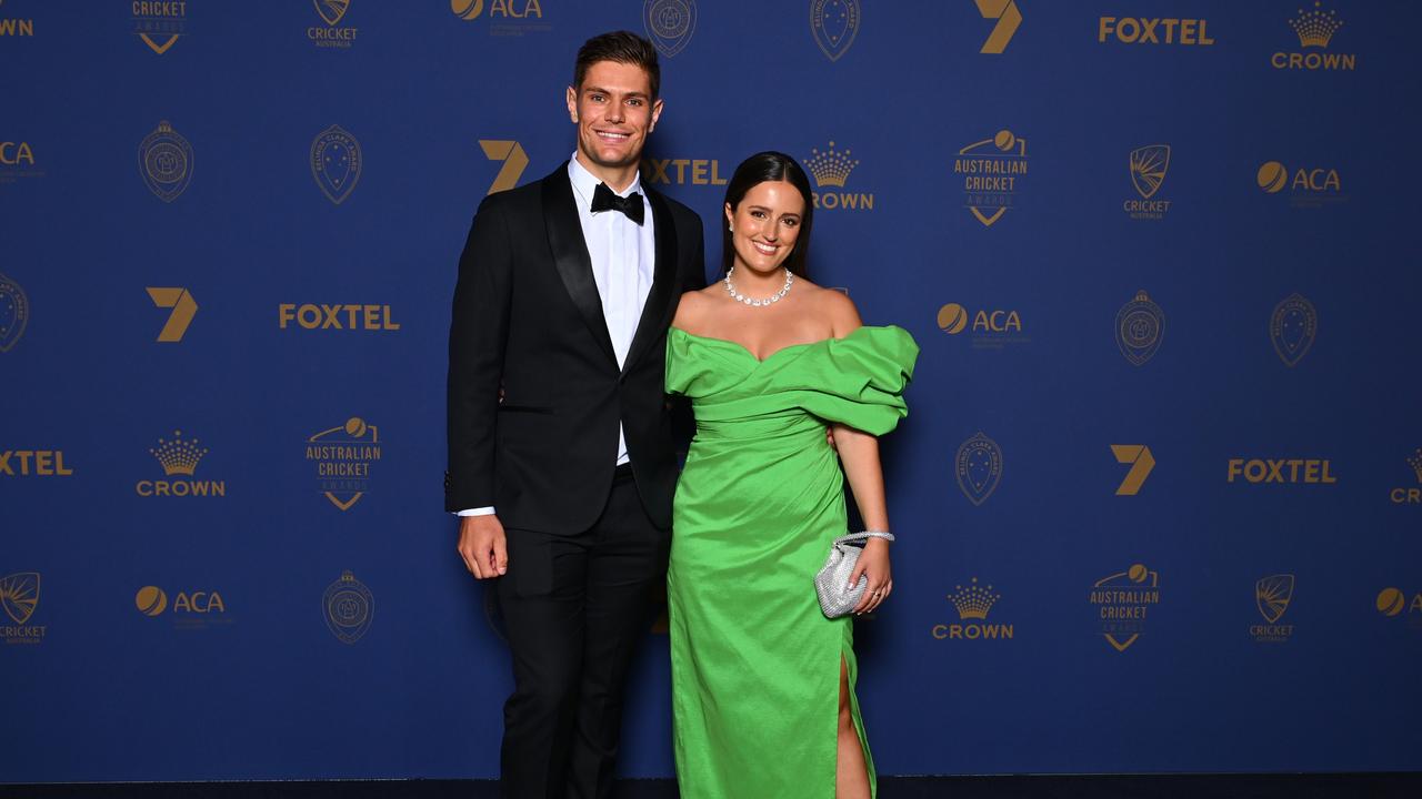 Aaron Hardie and Anna Bodlovich arrive ahead of the 2024 Cricket Australia Awards at Crown Palladium on January 31, 2024 in Melbourne, Australia. (Photo by Morgan Hancock/Getty Images for Cricket Australia)