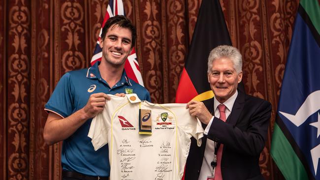 Australian cricket captain Pat Cummins, left, and High Commissioner Stephen Smith at a reception for the team at Australia House in London in 2023.