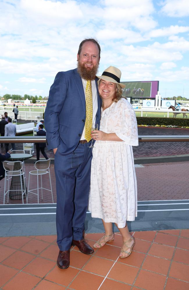 MELBOURNE, AUSTRALIA – OCTOBER 16 2024 David and Nicole at the Caulfield Social race day at Caulfield racecourse on Wednesday 16th October, 2024 Picture: Brendan Beckett