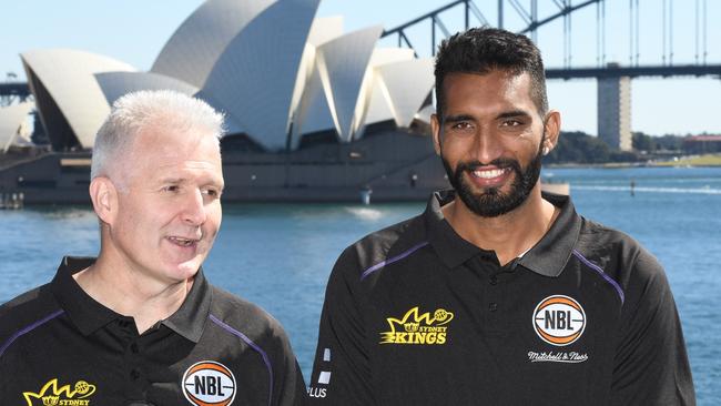 Sydney Kings signing Amritpal Singh (right) and coach Andrew Gaze.