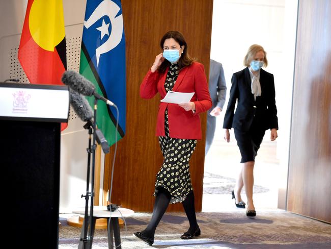 Queensland Premier Annastacia Palaszczuk arrives for a Covid press conference with chief health officer Jeannette Young in June. Picture: John Gass