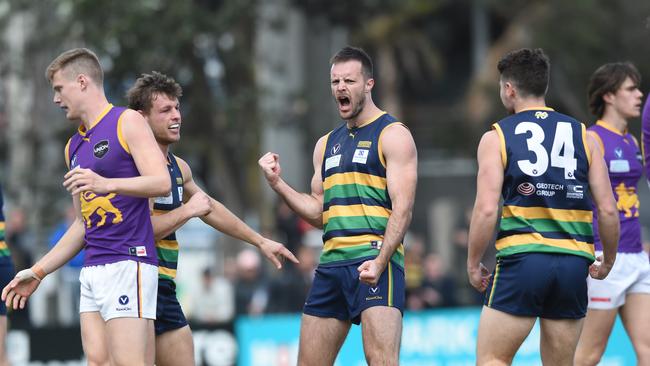 Mitch Brown celebrates a goal for St Kevin’s Old Boys. Picture: AAP/Chris Eastman