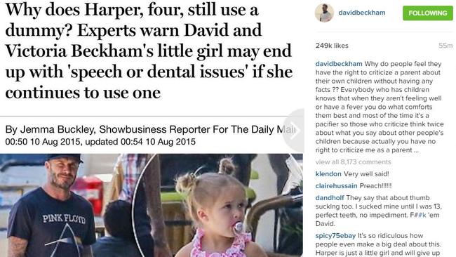 Beckham hits back about the dummy controversy. Picture: Instagram