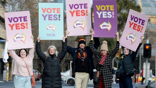 Supporters of the upcoming voice to parliament referendum gather for a rally at Trades Hall in Melbourne. Picture: NCA NewsWire / Andrew Henshaw