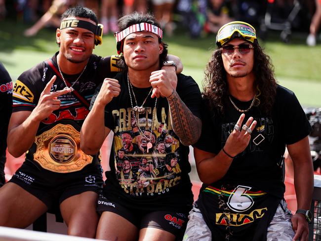 NRL 2023 GF PENRITH PANTHERS  FAN CELEBRATIONS.  STEPHEN CRICHTON BRIAN TO'O JAROME LUAI. PICTURE: NRL PHOTOS