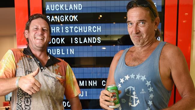 Scott Hillis and Frank West are appreciative that Qantas club at Darwin airport is one of the only lounges of its kind in Australia permitting singlet tops and thongs.