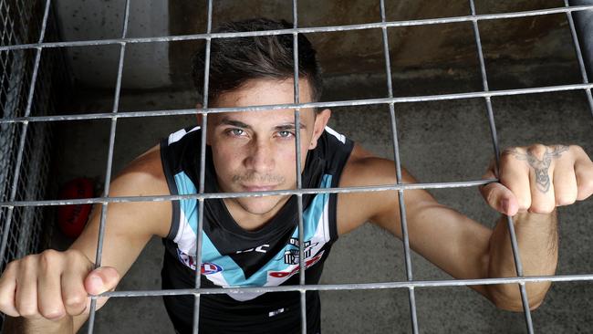 Port Adelaide forward Aidyn Johnson thrives on putting pressure on opposition defenders. Picture: Sarah Reed