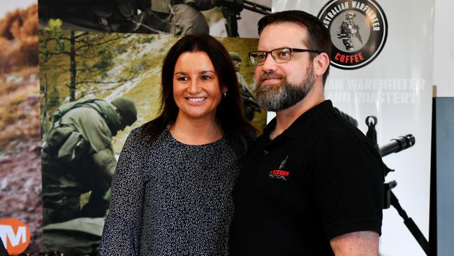 Senator Jacqui Lambie and Kennedy MP Bob Katter meet with veterans at Australian Warfighter Coffee. Jacqui with Ben Holland. Picture: Alix Sweeney