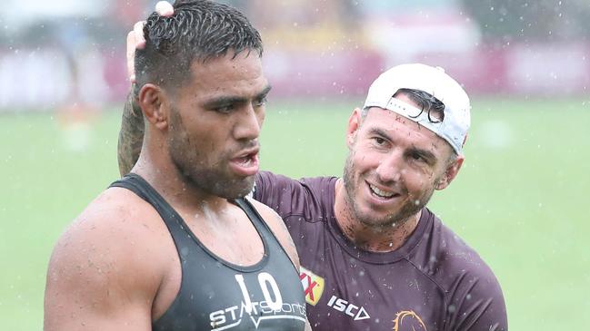 Joe Ofahengaue and Darius Boyd. The Brisbane Broncos training at Red Hill. Pic Peter Wallis