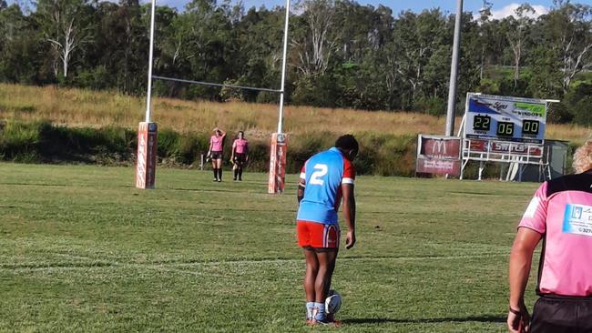 Swifts goalkicker Ratu Vatuiniruka lines up a shot during his team's 42-12 A-Grade victory over Goodna at Purga. Picture: David Lems