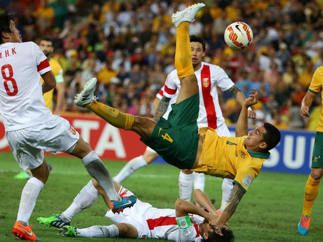 Tim Cahill’s bicycle kick goal during the AFC Asian Cup Quarter-Final between the Socceroos and China. Picture: Darren England.