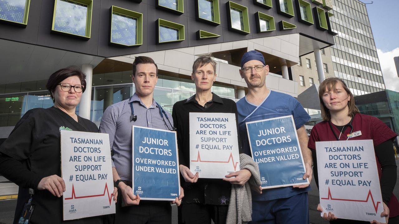 AMA protest at RHH, Emergency Physician Dr Eleanor Loughhead, Intensive Care Registrar Dr Kristof Wing, Consultant Psychiatrist Dr Victoria Jackson, TSMPS Secretary Dr Michael Lumsden- Steel and RMO Dr Elif Stoneman. Picture: Chris Kidd