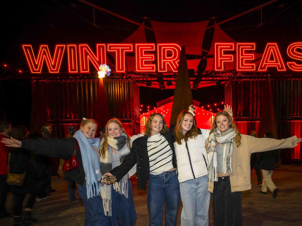 Audrey Bradford, Emily Jones, Issy Willcox, Evie Gray and Sophie Thompson at Winter Feast 2025 in Hobart. Picture: Caroline Tan