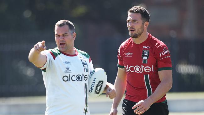 Seibold guiding Sam Burgess at South Sydney. Picture: Phil Hillyard