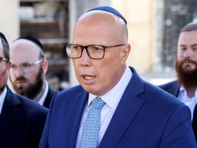 Opposition Leader Peter Dutton visits the Adass Israel Synagogue of Melbourne. Picture: David Geraghty