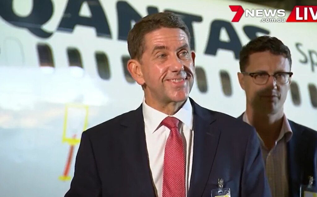 A smiling Treasurer Cameron Dick announces 100 new Qantas jobs. Picture: Seven News