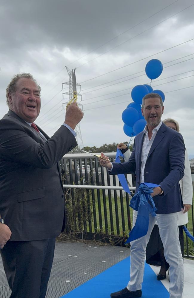 Panthera Group CEO Mario Evangelo and Mermaid Beach MP Ray Stevens opens a new bridge connecting The Lanes precinct at Mermaid Waters. Picture: Andrew Potts