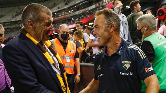 Jeff Kennett (left) and Alastair Clarkson during happier times at Hawthorn. Photo: Michael Willson/AFL Photos via Getty Images