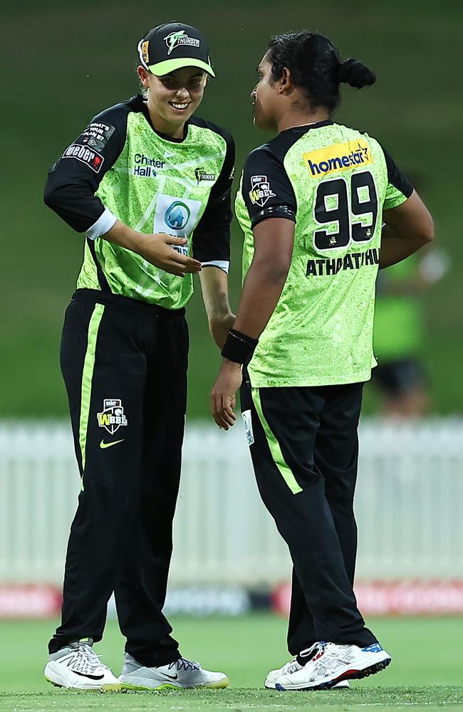 Phoebe Litchfield celebrates a wicket with Chamari Athapaththu. Picture: Getty Images