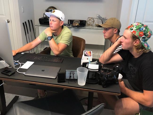 Top pro Cameron Smith shares swing advice with Queensland amateurs Louis Dobbelaar (middle) and Jed Morgan (right) on their Florida trip.