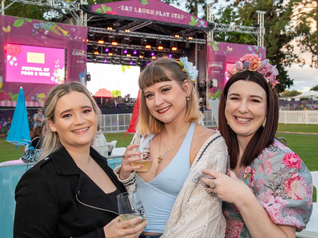 (From left) Georgie Waters, Malise Salter and Amy Briggs. Toowoomba Carnival of Flowers Festival of Food and Wine. Friday, September 13, 2024. Picture: Nev Madsen