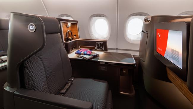 Qantas business class cabin on the Airbus A380-800.