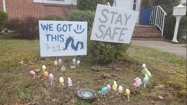 A sign in suburban New York encouraging people to ‘Stay Safe’ during COVID-19. Picture: Nathan Vass