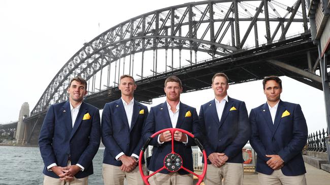 Australia's Jason Waterhouse, Kyle Langford, Tom Slingsby, Sam Newton and Ky Hurst during the launch of SailGP at Pier One, Sydney. Picture: Brett Costello