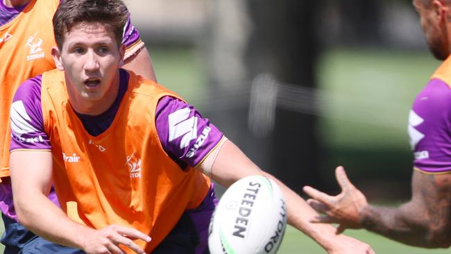 Storm young gun Cooper Johns training for his start in the NRL Nines. Picture: David Crosling/AAP