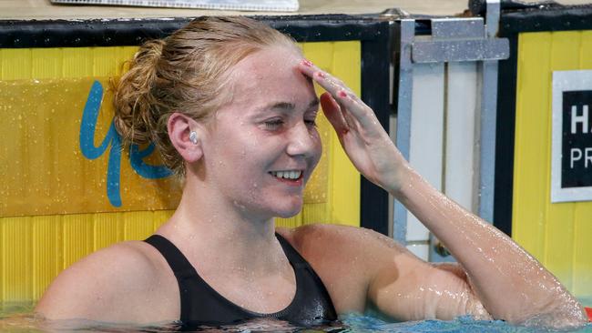 Ariarne Titmus reacts to her stunning time in the 800m freestyle final. ‘I really don’t know how I did that,’ the 16-year-old said.