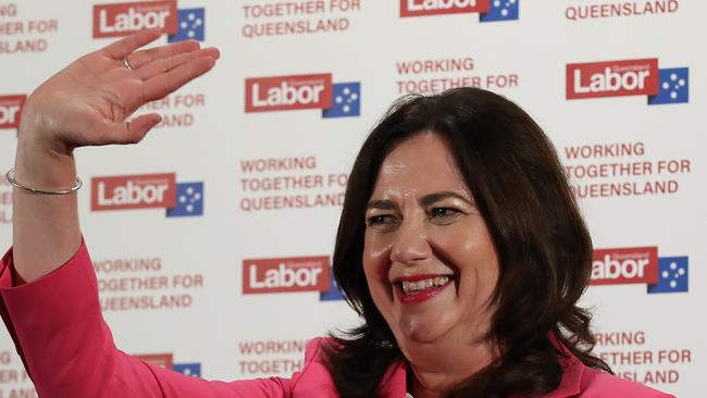 BRISBANE, AUSTRALIA - OCTOBER 31: Queensland Premier Annastacia Palaszczuk waves to supporters at her polling party in Inala, on October 31, 2020 in Brisbane, Australia. Labor premier Annastacia Palaszczuk has claimed Victory in 2020 Queensland State Election, against the Liberal National party led by Deb Frecklington. A record number of Queenslanders voted early ahead of election day, due to the COVID-19 pandemic. (Photo by Jono Searle/Getty Images)