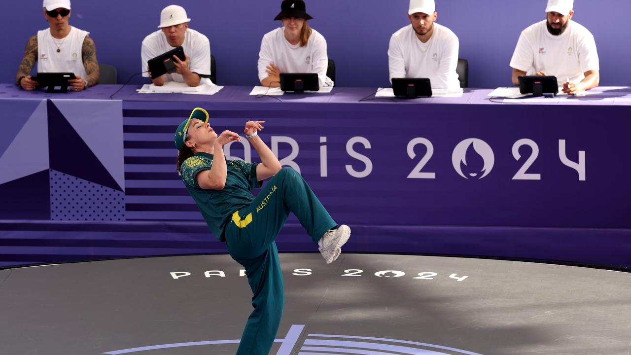 B-Girl Raygun does her kangaroo hop at the Paris Olympics. (Photo by Ezra Shaw/Getty Images)